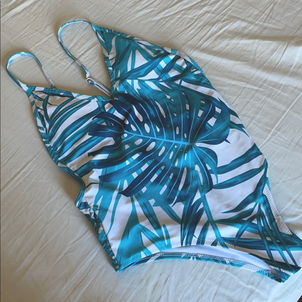 Bathing Suit, one piece, white and blue/green
